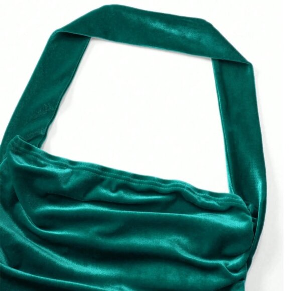 Emerald Green Velvet Halter Mermaid Dress – Ruched Bodycon Formal Gown - Picture 11 of 12